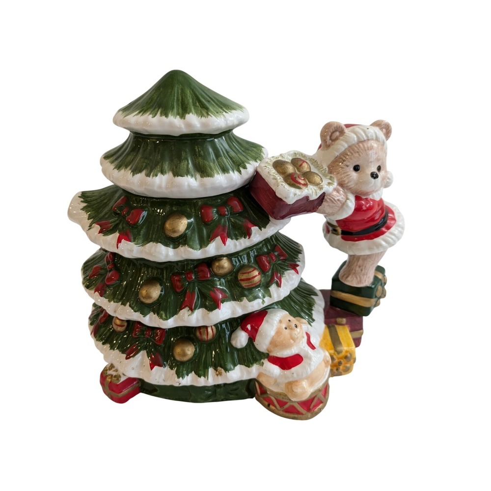 Christmas Tree Teapot, Hand Painted Ceramic,‎ Bear Trimming the Tree